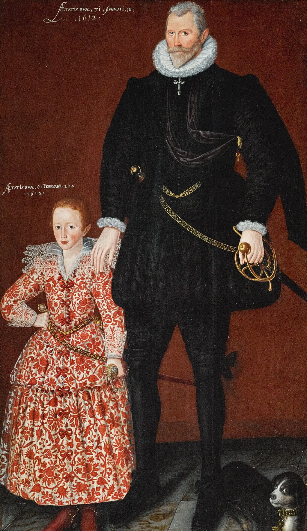 View full screen - View 1 of Lot 128. CIRCLE OF ROBERT PEAKE | Portrait of Sir Edward Pytts of Kyre Wyard and Sheriff of Worcestershire and his grandson, Edward Pytts, both full-length, the former in a black doublet and hose with a dog at his feet, the latter in a richly embroidered red and white dress, holding a sword.