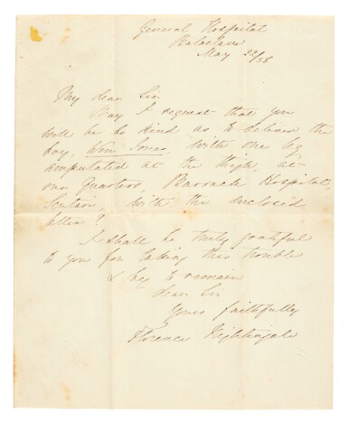 View full screen - View 1 of Lot 269. Florence Nightingale | Autograph letter signed, from the General Hospital at Balaclava, May 1856.
