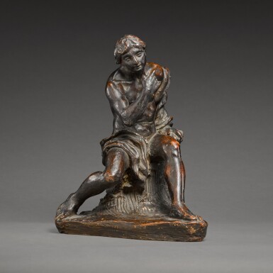 View full screen - View 1 of Lot 87. Young Man resting on a tree stump .