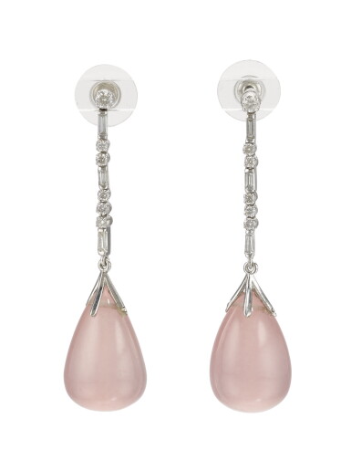 View full screen - View 1 of Lot 1127. PAIR OF ROSE QUARTZ AND DIAMOND EARRINGS.