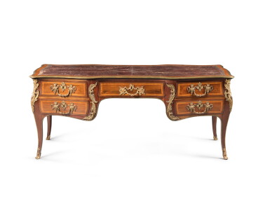 View full screen - View 1 of Lot 149. A gilt-bronze mounted rosewood, maple and mahogany marquetry bureau de milieu, Louis XV style, late 19th century, spurious stamp | Bureau de milieu en marqueterie de palissandre, érable et acajou, monture de bronze doré de style Louis XV, fin du XIXe siècle, estampille apocryphe.