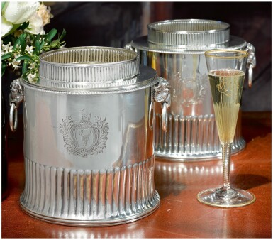 View full screen - View 1 of Lot 34. A PAIR OF GEORGE III SILVER WINE COOLERS, WILLIAM FRISBEE, LONDON, 1801.