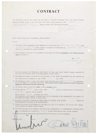 View full screen - View 1 of Lot 170. Epstein, two performance contracts signed for The Beatles at the Star-Club, Hamburg, November-December 1962.