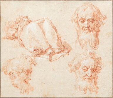 View full screen - View 1 of Lot 112. A Reclining young man and three studies of old mens' heads | Jeune homme allongé et trois études de têtes de vieux hommes.
