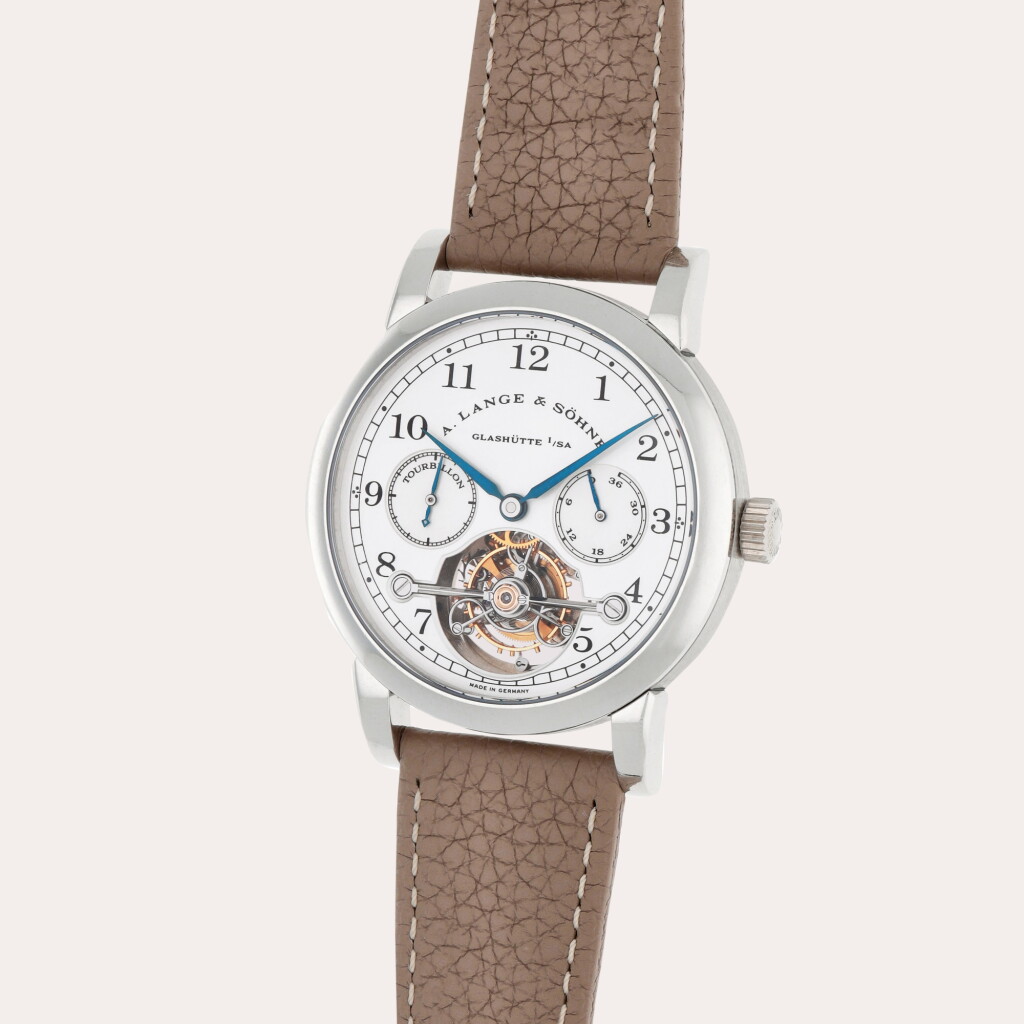 View full screen - View 1 of Lot 4. Tourbillon 'Pour le Mérite', Reference 701.005 | A limited edition platinum tourbillon wristwatch with fusée-and-chain transmission and power reserve indication | Circa 1996 .