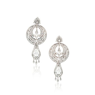 View full screen - View 1 of Lot 775. Pair of diamond pendants.