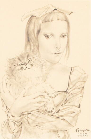 View full screen - View 1 of Lot 2. LÉONARD FOUJITA | JEUNE FILLE PORTANT UN CHAT .
