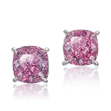 View full screen - View 1 of Lot 1858. Pair of Fancy Vivid Purple-Pink Diamond and Fancy Vivid Purplish Pink Diamond Earrings | 1.31及 1.04克拉 艷彩紫粉紅色 耳環一對.