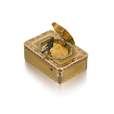 View full screen - View 1 of Lot 32. A jewelled gold and enamel singing bird box, Rémond, Lamy, Mercier & Co, Geneva, circa 1815.