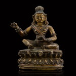 An inscribed copper-inlaid copper alloy figure of Virupa Tibet, 16th century | 十六世紀 西藏銅錯紅銅毘魯巴坐像 銘藏文:「大成就者毘魯巴」