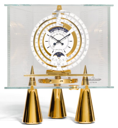 View full screen - View 1 of Lot 142. A GILT-BRASS AND ETCHED GLASS GOLDEN JUBILEE ATMOS 'MILLÉNAIRE' TIMEPIECE, LIMITED EDITION 03/50, JAEGER-LECOULTRE, SWISS, CIRCA 2002.