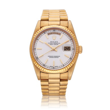 View full screen - View 1 of Lot 419. Reference 18238 Day-Date | A yellow gold wristwatch with day, date and bracelet, Circa 1991.