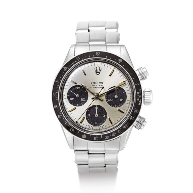 View full screen - View 1 of Lot 2104. ROLEX | COSMOGRAPH DAYTONA, REFERENCE 6240 A STAINLESS STEEL CHRONOGRAPH WRISTWATCH WITH BRACELET, CIRCA 1968" | 勞力士 | Cosmograph Daytona 型號6240 精鋼計時鏈帶腕錶,錶殼編號1658525,約1968年製".