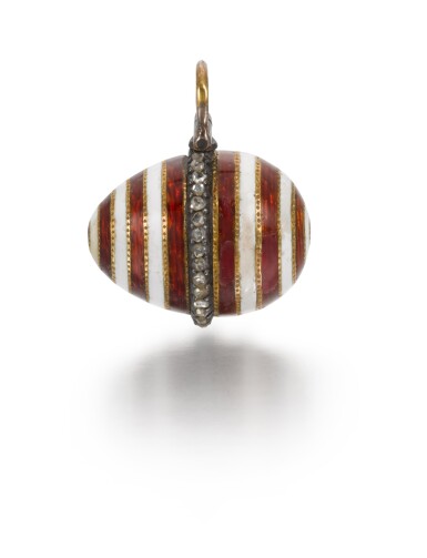 View full screen - View 1 of Lot 8. A Fabergé jewelled gold and guilloché enamel egg pendant, workmaster Henrik Wigström, St Petersburg, circa 1910.