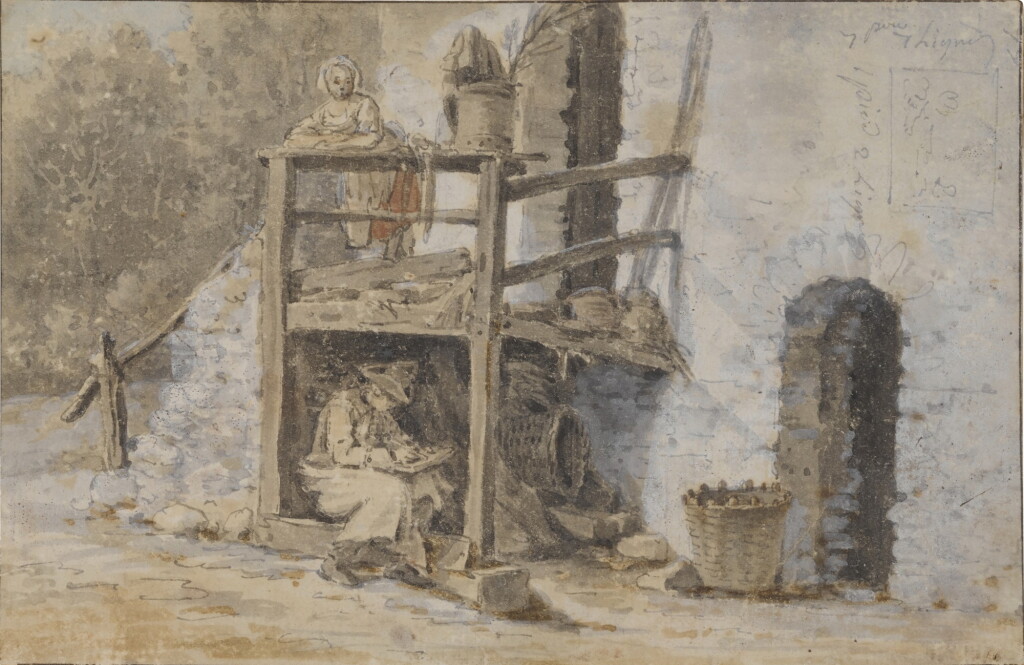 View full screen - View 1 of Lot 260. An artist sketching under the porch of a rural stone building.