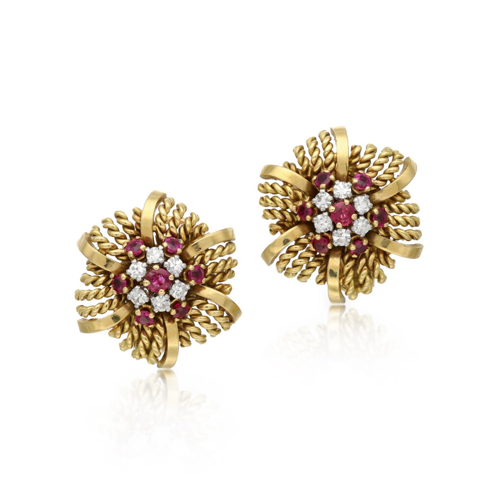 View full screen - View 1 of Lot 138. Pair of ruby and diamond ear clips, 1950s.