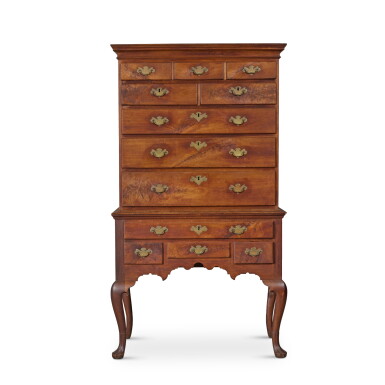 View full screen - View 1 of Lot 213. Queen Anne Figured Walnut High Chest of Drawers, Attributed to the "Irish Cabinetshop", Philadelphia, Pennsylvania, Circa 1755.
