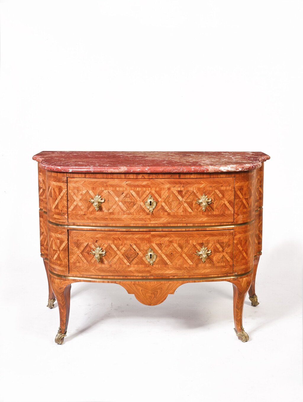 View full screen - View 1 of Lot 207. A Régence Gilt Bronze Mounted and Brass Inlaid Tulipwood, Kingwood, and Parquetry Commode, by Étienne Doirat, Circa 1720.