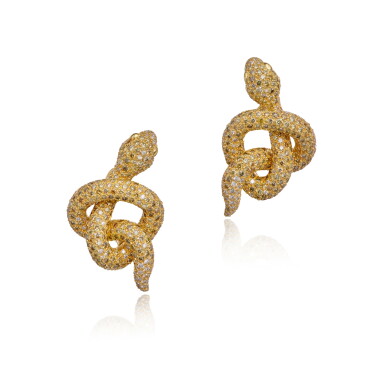 View full screen - View 1 of Lot 479. Pair of Gold, Colored Diamond and Diamond Earclips.