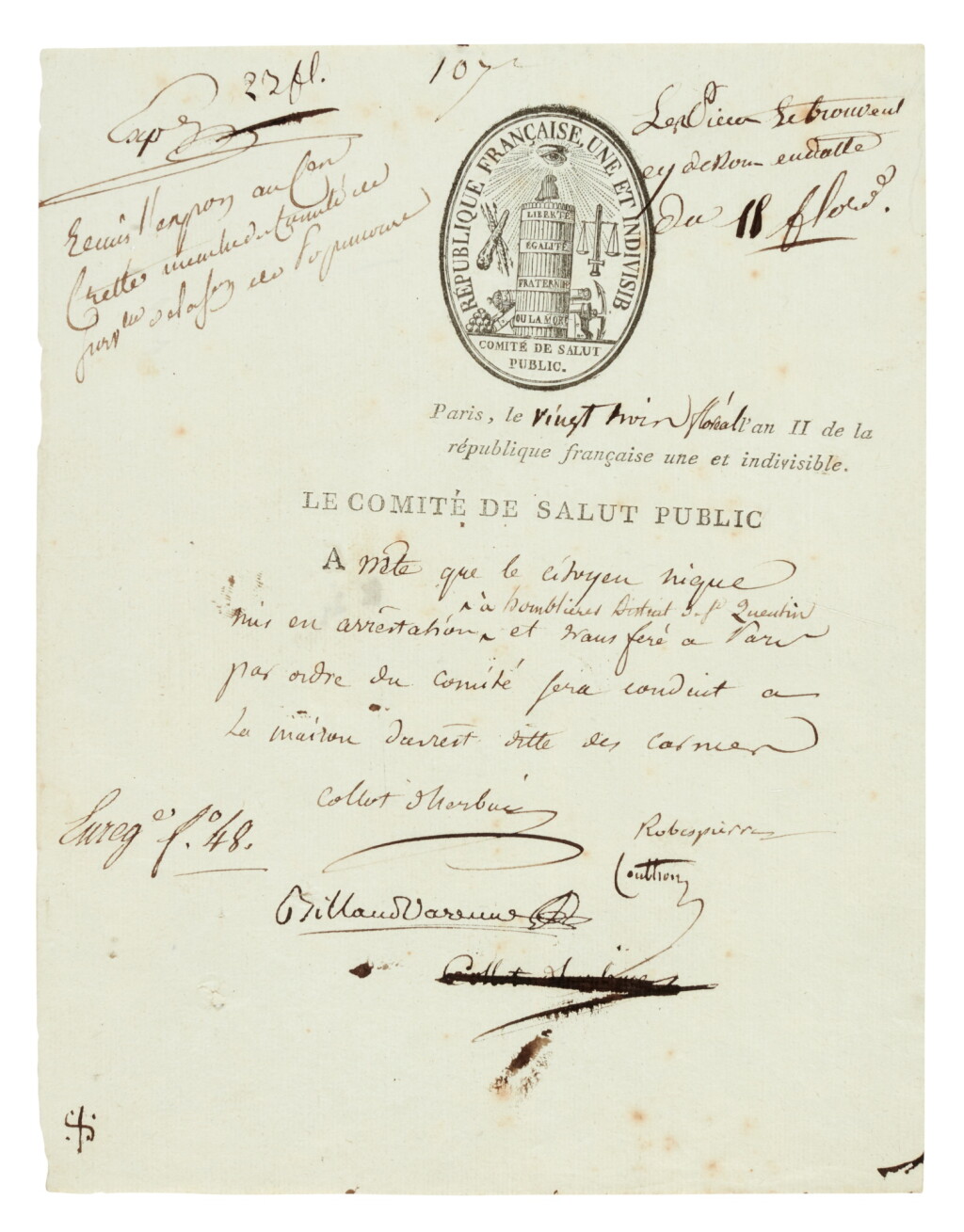 View full screen - View 1 of Lot 287. Robespierre | Document signed, also signed by others members of the Comite de Salut Public, ordering an arrest.