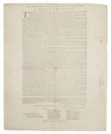 View full screen - View 1 of Lot 1034. Massachusetts General Court | A powerful precursor to the Declaration of Independence: "every Act of Government … without the Consent of the People, is … Tyranny ".