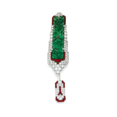 View full screen - View 1 of Lot 223. Cartier | Epingle jadéite, laque et diamants | Jadeite, lacquer and diamond.