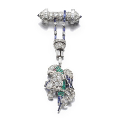 View full screen - View 1 of Lot 30. DIAMOND, SAPPHIRE, EMERALD AND RUBY BROOCH.