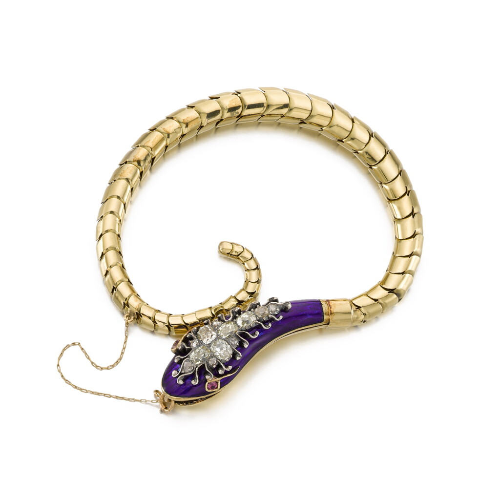 View full screen - View 1 of Lot 150. An enamel, pink sapphire and diamond bracelet, circa 1890.