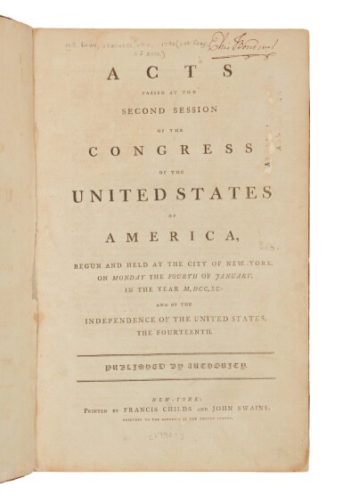 View full screen - View 1 of Lot 55. United States Congress | Elias Boudinot's copy of the Acts Passed at the Second Session of the Congress .