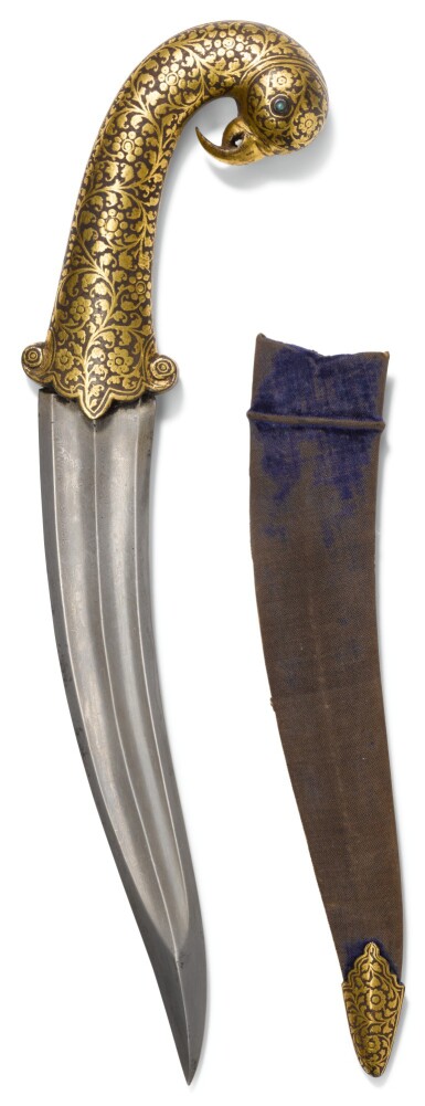 View full screen - View 1 of Lot 472. A GOLD-OVERLAID IRON PARROT'S HEAD-HILTED DAGGER AND SCABBARD, INDIA, 19TH CENTURY.