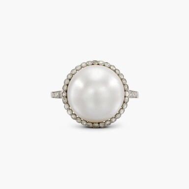 View full screen - View 1 of Lot 93. Natural Pearl and Diamond Ring .