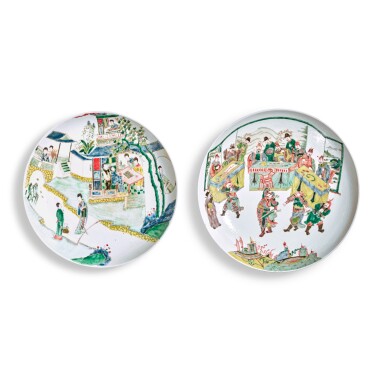 View full screen - View 1 of Lot 65. Two large famille-verte 'figural' dishes, Qing dynasty, 19th century.