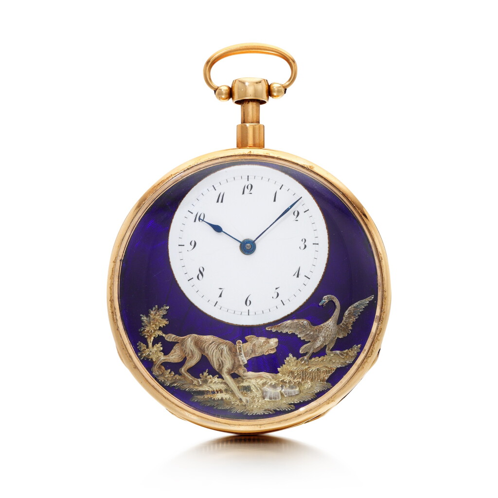 View full screen - View 1 of Lot 1385. A rare and fine gold and enamel open-faced quarter repeating 'barking dog' automaton watch Circa 1815, no. 7.
