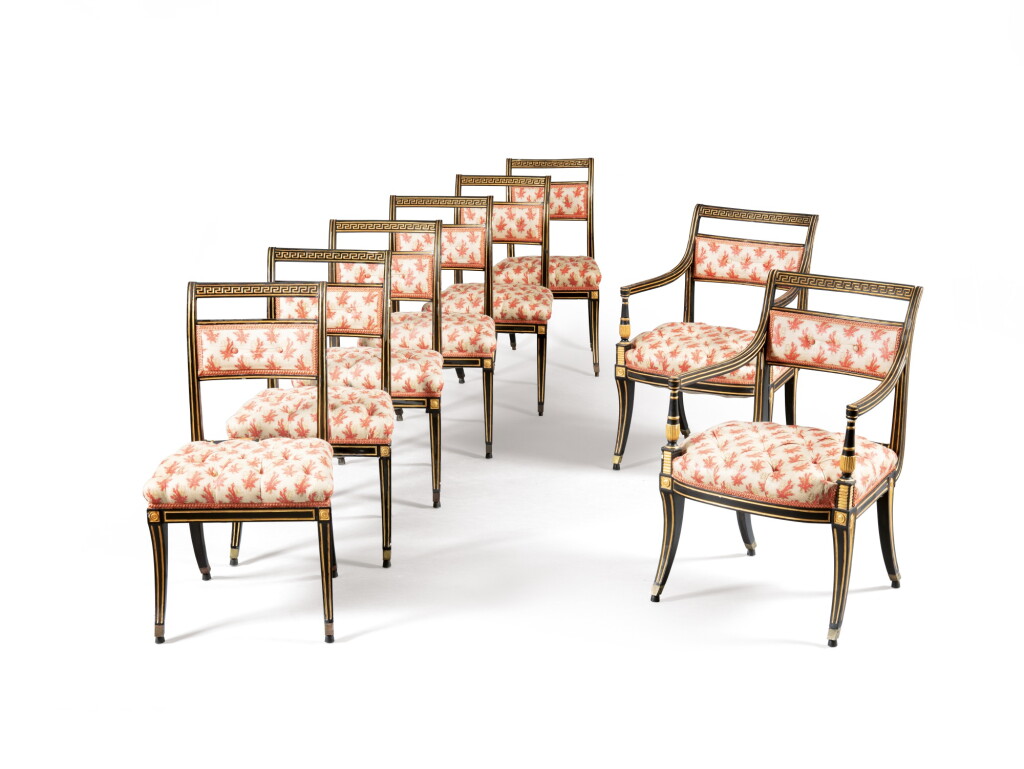 View full screen - View 1 of Lot 53. A Regency black painted and parcel-gilt dining room suite.