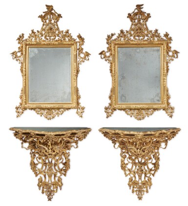 View full screen - View 1 of Lot 113. A PAIR OF VENETIAN ROCOCO STYLE GILTWOOD MIRRORS AND CONSOLES, SECOND HALF 19TH CENTURY.