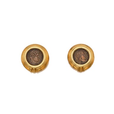 View full screen - View 1 of Lot 454. Pair of Gold and Bronze Coin 'Monete' Earclips.
