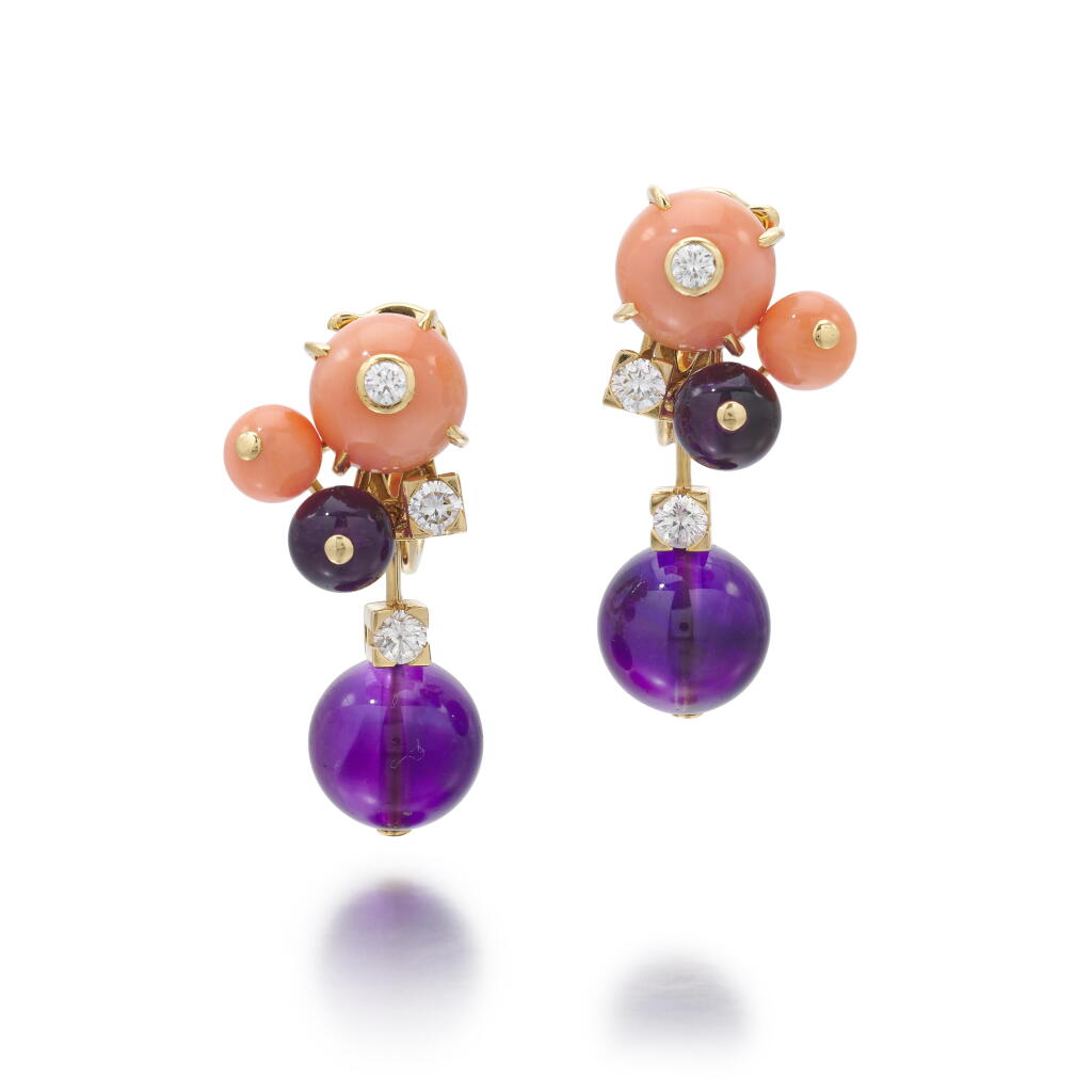 View full screen - View 1 of Lot 191. Pair of coral, amethyst and diamond pendant ear clips, 'Delices de Goa' | Paio di orecchini pendenti in corallo, ametiste e diamanti 'Delices de Goa'.