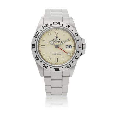 View full screen - View 1 of Lot 652. ROLEX | 'RAIL DIAL' EXPLORER II, REF 16550 STAINLESS STEEL DUAL TIME WRISTWATCH WITH DATE, CREAM 'RAIL DIAL' AND BRACELET CIRCA 1988.