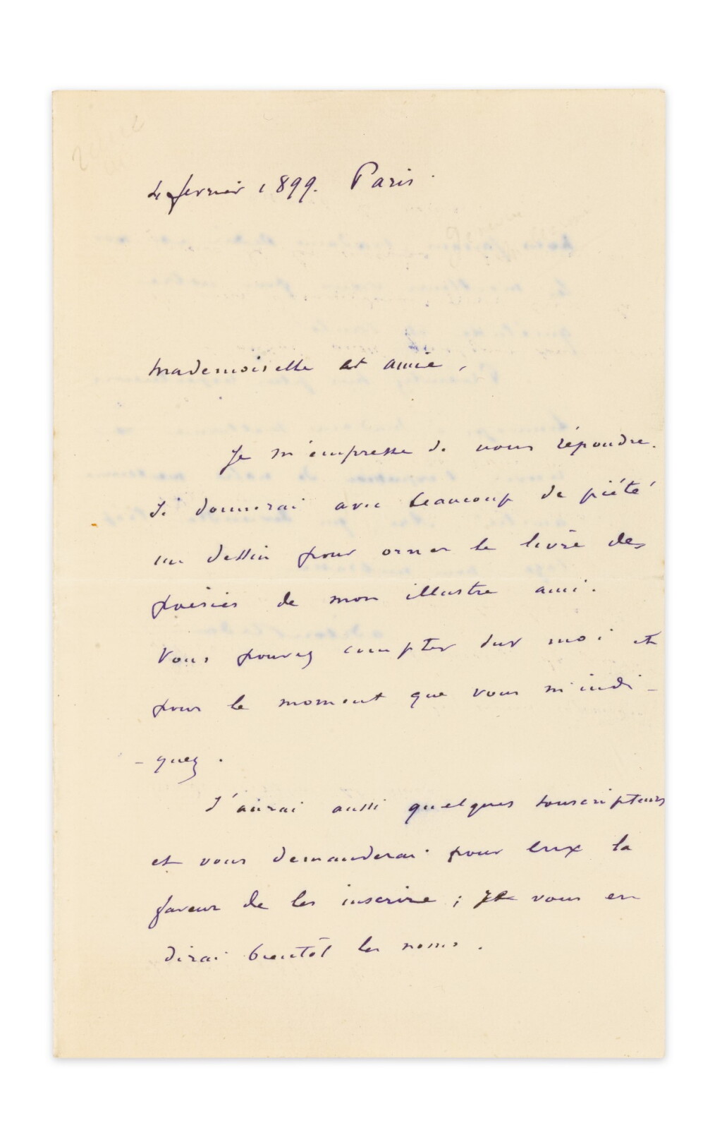 View full screen - View 1 of Lot 253. REDON, Odilon. Lettre autographe signée à Geneviève Mallarmé, 1899, sur le projet d'illustration des Poésies.