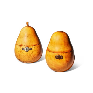 View full screen - View 1 of Lot 528. Two George III Fruitwood Tea Caddies in the Shape of Pears, Circa 1800.