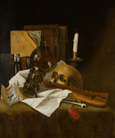 View full screen - View 1 of Lot 28. ATTRIBUTED TO JACQUES DE CLAEUW | Vanitas still life with a broken glass roemer, recorder, skull, extinguished candle, documents and books.