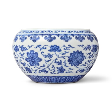 View full screen - View 1 of Lot 106. A superb and rare blue and white ‘floral’ alms bowl, Seal mark and period of Qianlong | 清乾隆 青花纏枝花卉紋缽 《大清乾隆年製》款.