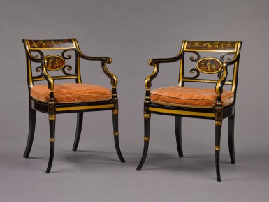 View full screen - View 1 of Lot 216. A pair of Regency ebonised, gilt decorated and chinoiserie painted armchairs, early 19th century.