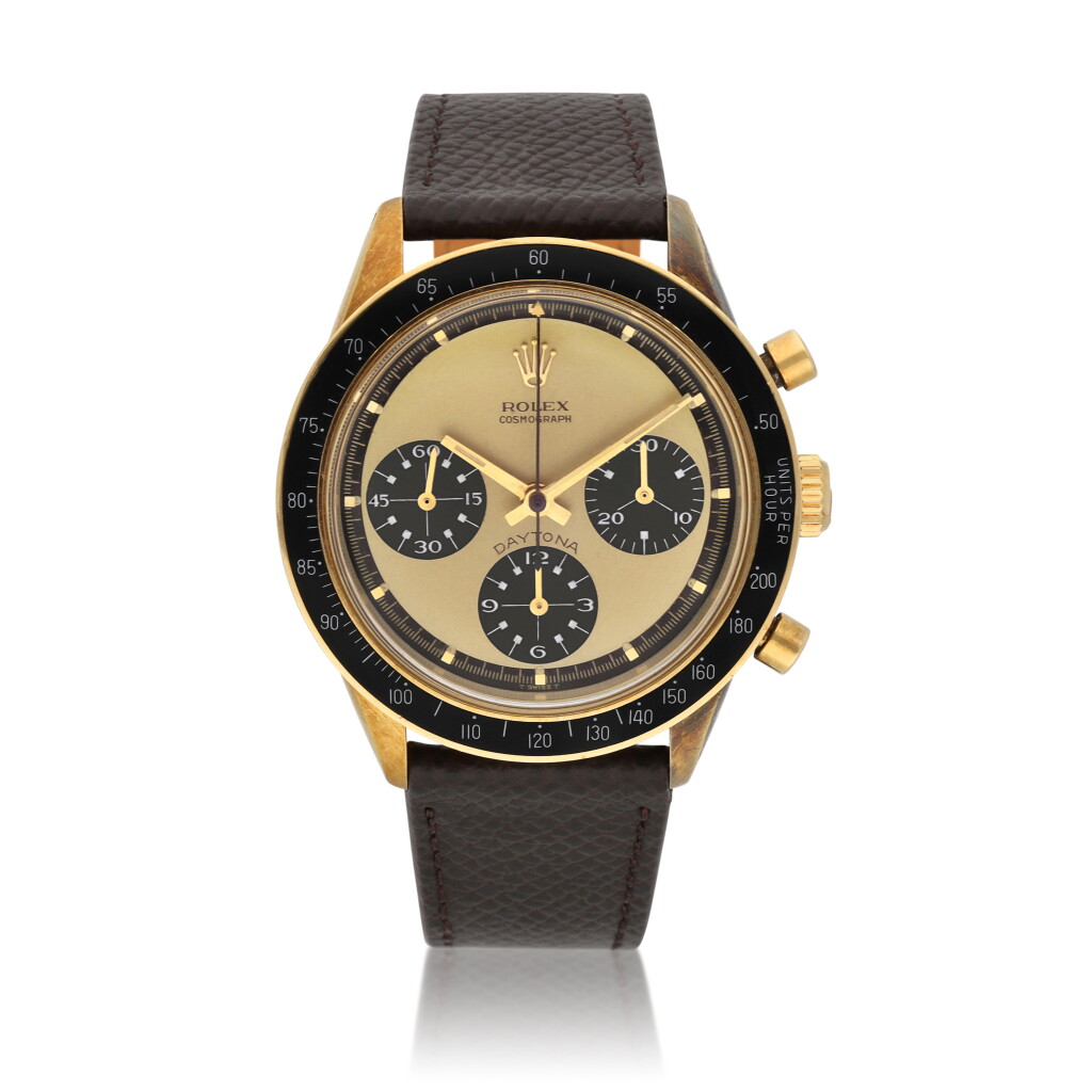 View full screen - View 1 of Lot 8. 'Lemon Paul Newman' Daytona, Ref. 6264 | A yellow gold chronograph wristwatch | Circa 1970.