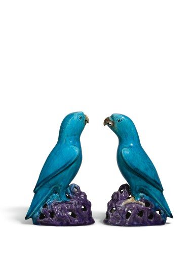 A Pair Of Turquoise And Aubergine Glazed Biscuit Figures Of Parrots Qing Dynasty 18th Century 清十八世紀松石绿釉鸚鵡 Kas Tw Efresher The Family Collection Of The Late Countess A Pair Of Turquoise And Aubergine Glazed Biscuit Figures Of Parrots Qing Dynasty 18th Century 清十八世紀松石绿釉鸚鵡 Kas Tw Efresher The Family Collection Of The Late Countess