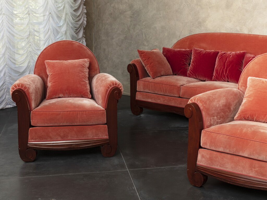 View full screen - View 1 of Lot 147. Sofa and pair of armchairs, circa 1920.