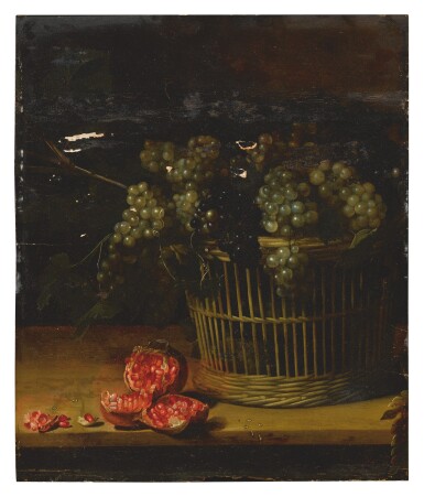 View full screen - View 1 of Lot 561. ATTRIBUTED TO LOUISE MOILLON | STILL LIFE OF A BASKET OF GRAPES WITH A CUT POMEGRANATE RESTING ON A TABLE.