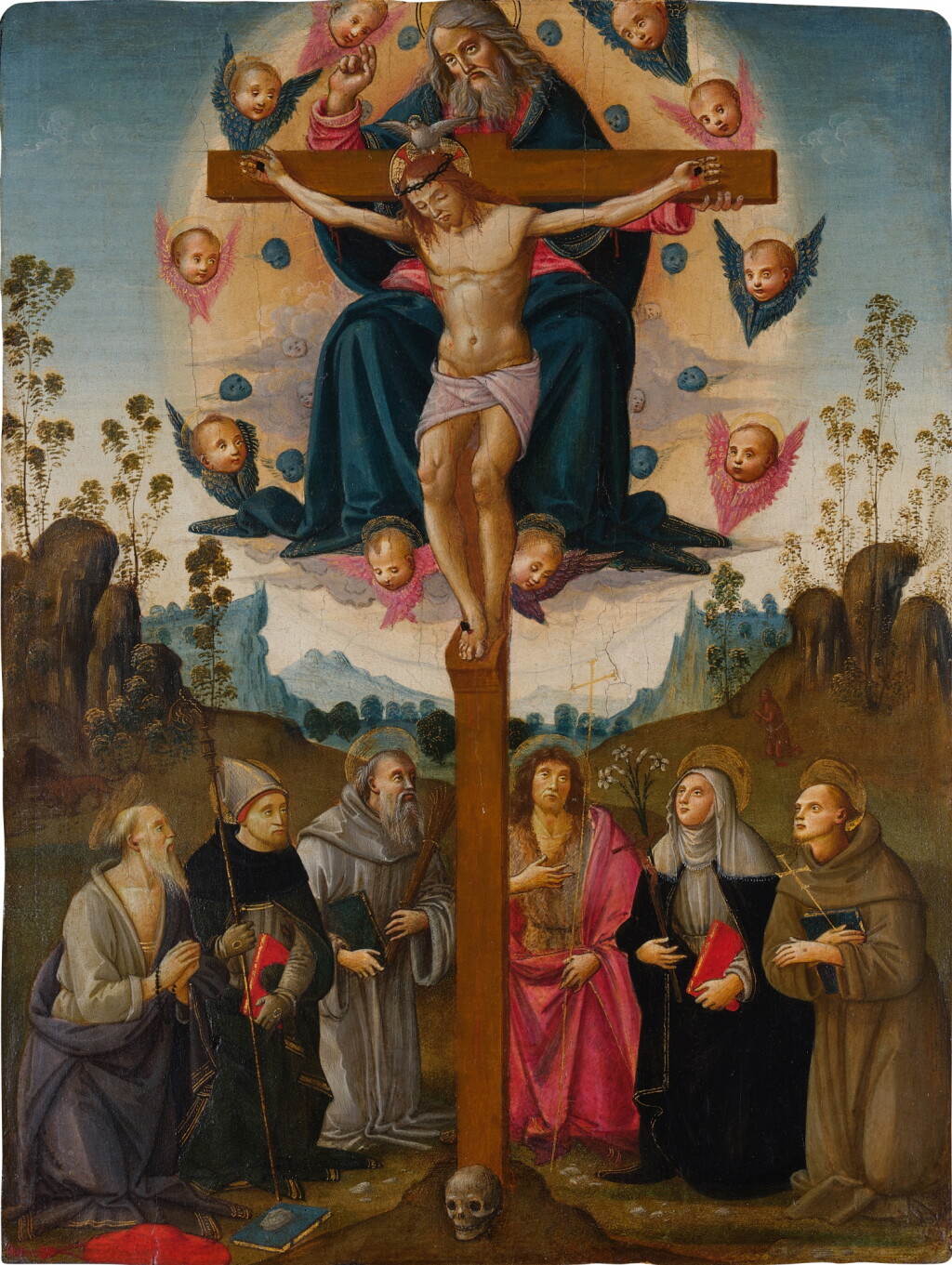 View full screen - View 1 of Lot 406. Holy Trinity adored by Saints Jerome, Louis of Toulouse, Benedict, John the Baptist, Catherine of Siena, and Francis.