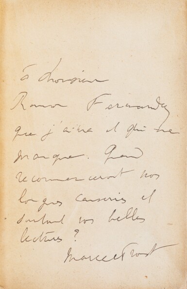 View full screen - View 1 of Lot 297. Pastiches et Mélanges. 1919. Envoi amical au jeune critique Ramon Fernandez..