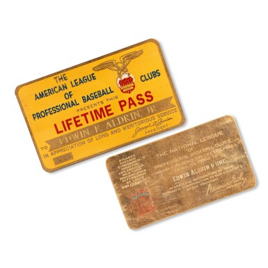 View full screen - View 1 of Lot 65. Buzz Aldrin's Lifetime Passes to the National and American Leagues of Major League Baseball.